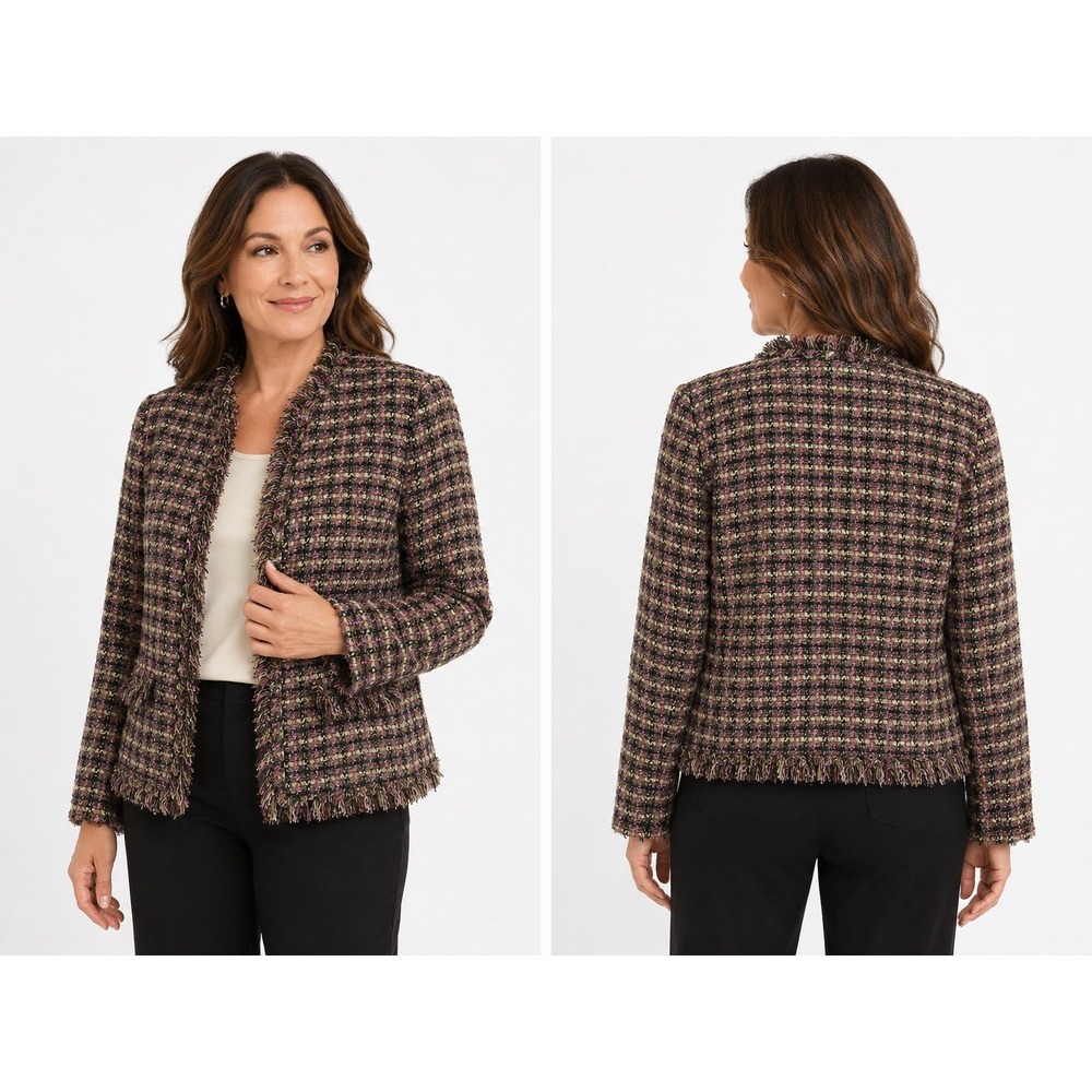 Chico's Tweed Blazer Medium Purple Green Plaid Frayed Boucle Boho Chic Classic